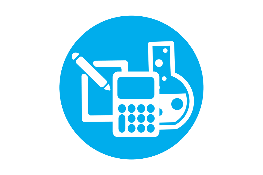 Graphic of a beaker, calculator and a tablet on a blue background.